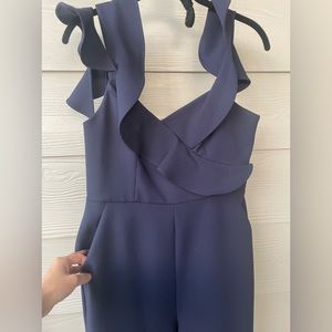 BCBG Maxazria Navy Ruffled Sleeveless Jumpsuit - Size Small